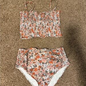 Floral Smocked Maternity Bikini Set in Peach & Orange